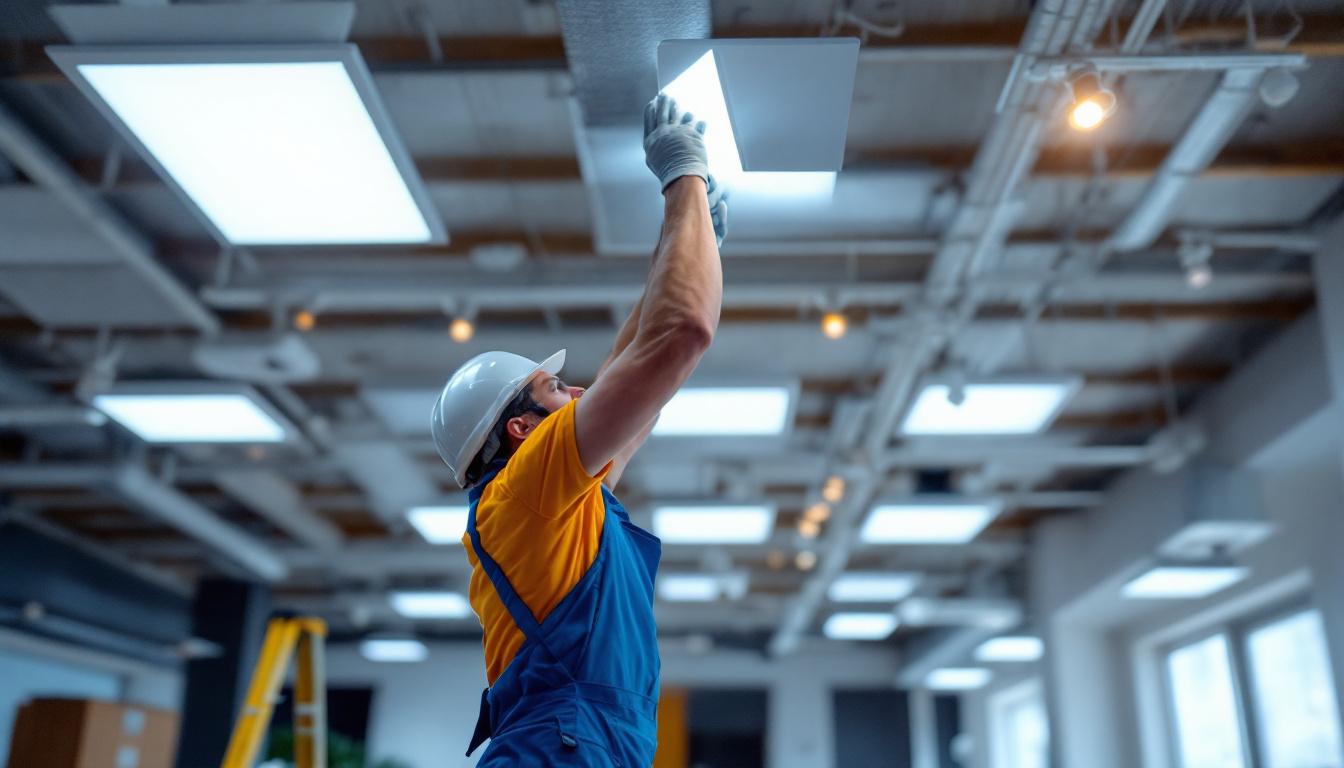 A photograph of a lighting contractor installing flat panel led lights in a modern commercial space