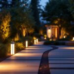 A photograph of a beautifully lit outdoor space featuring a variety of stylish