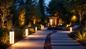 A photograph of a beautifully lit outdoor space featuring a variety of stylish