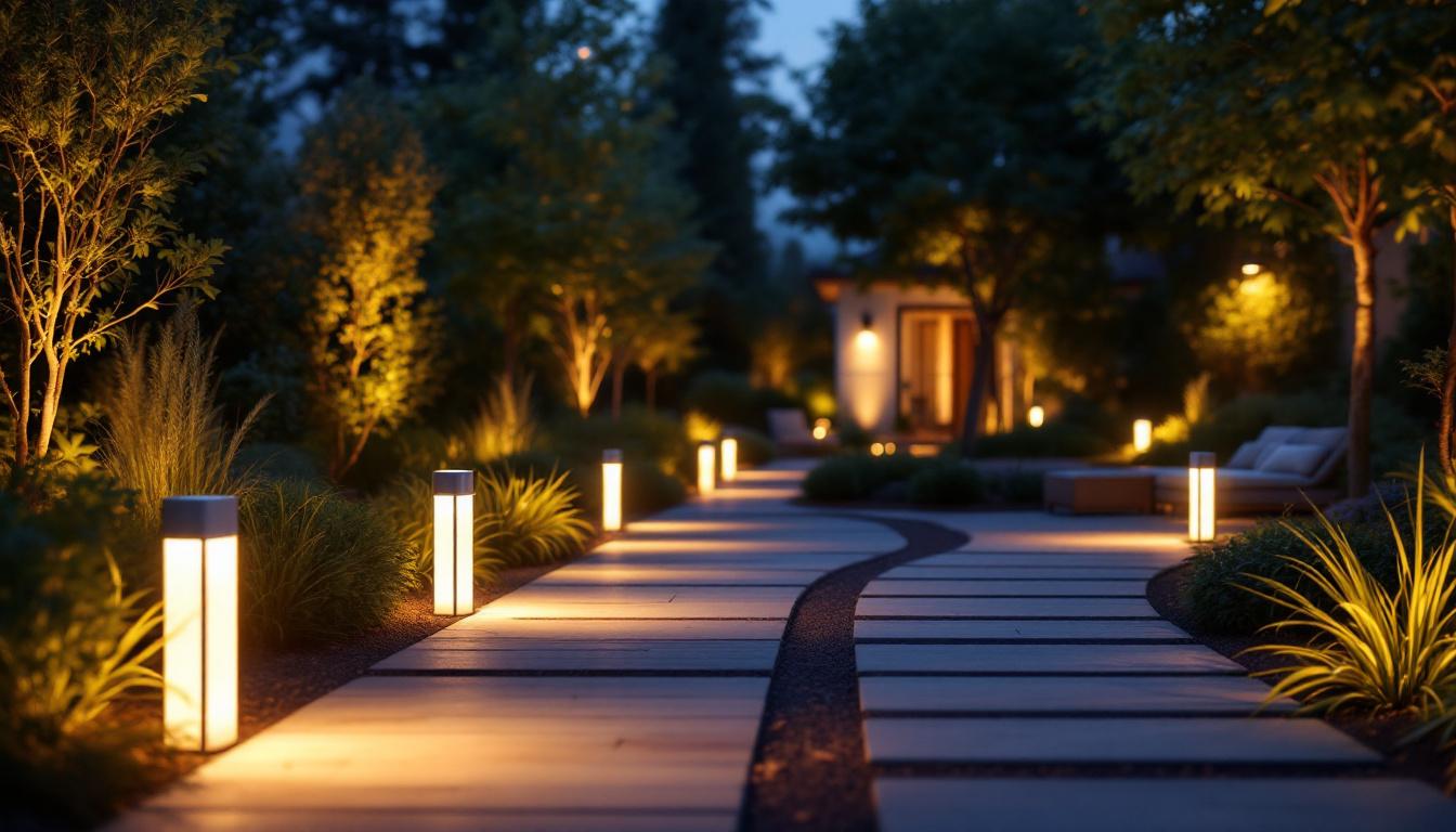A photograph of a beautifully lit outdoor space featuring a variety of stylish