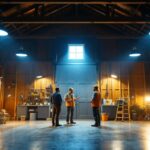 A photograph of a well-lit barn interior showcasing various styles of led lighting fixtures