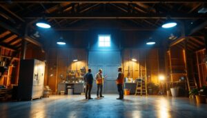 A photograph of a well-lit barn interior showcasing various styles of led lighting fixtures