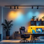 A photograph of a well-designed interior space featuring spotlight track lighting in use