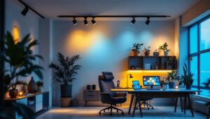 A photograph of a well-designed interior space featuring spotlight track lighting in use