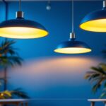 A photograph of a modern lighting installation featuring parabolic lights in an aesthetically pleasing setting