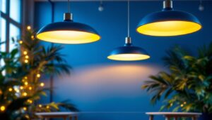 A photograph of a modern lighting installation featuring parabolic lights in an aesthetically pleasing setting