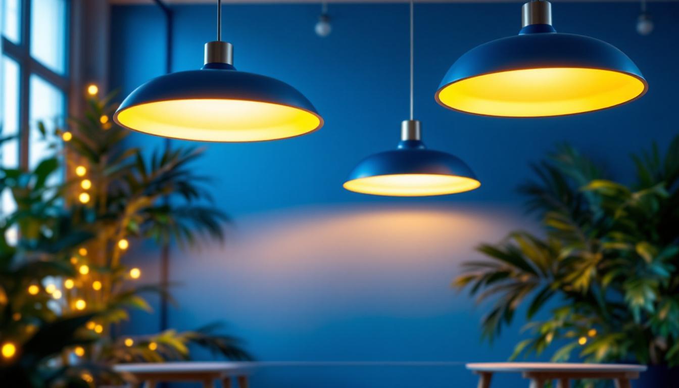 A photograph of a modern lighting installation featuring parabolic lights in an aesthetically pleasing setting