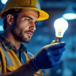 A photograph of a lighting contractor inspecting a 40w type t bulb in a well-lit setting