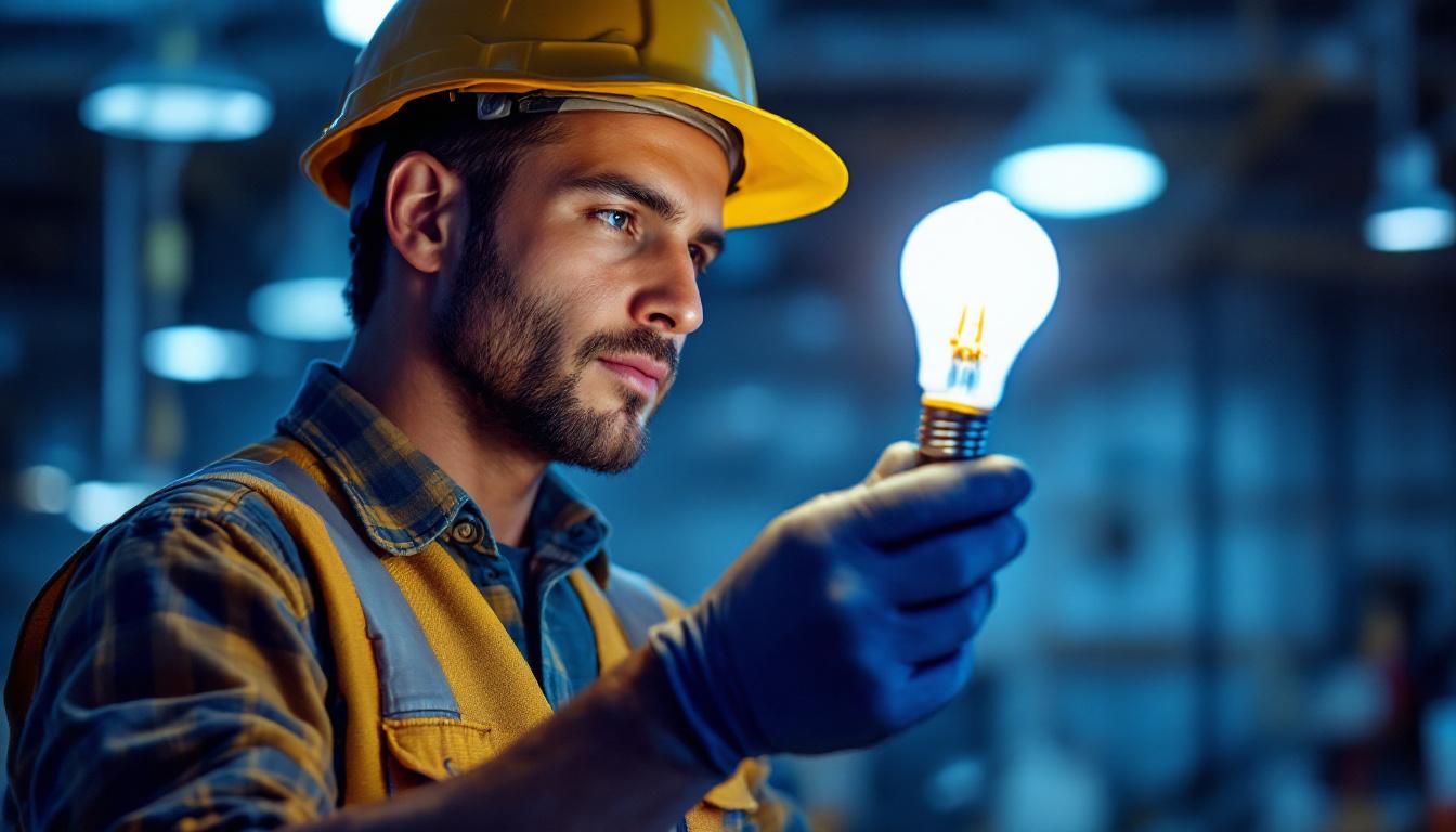 A photograph of a lighting contractor inspecting a 40w type t bulb in a well-lit setting