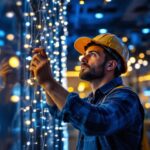 A photograph of a skilled lighting contractor working on an intricate lighting installation