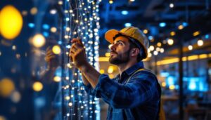 A photograph of a skilled lighting contractor working on an intricate lighting installation