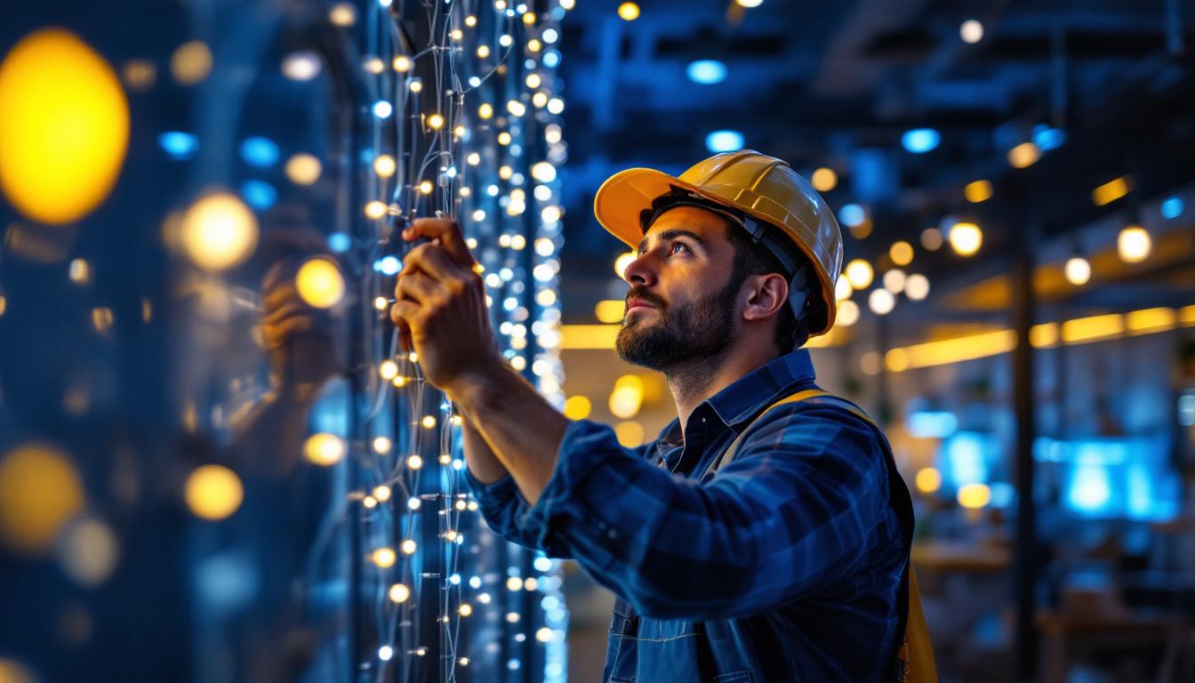 A photograph of a skilled lighting contractor working on an intricate lighting installation