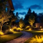 A photograph of a beautifully illuminated outdoor space featuring stylish led landscape lights