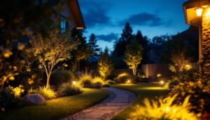 A photograph of a beautifully illuminated outdoor space featuring stylish led landscape lights