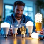 A photograph of a lighting contractor installing or showcasing a variety of led a19 bulbs in a well-lit residential setting