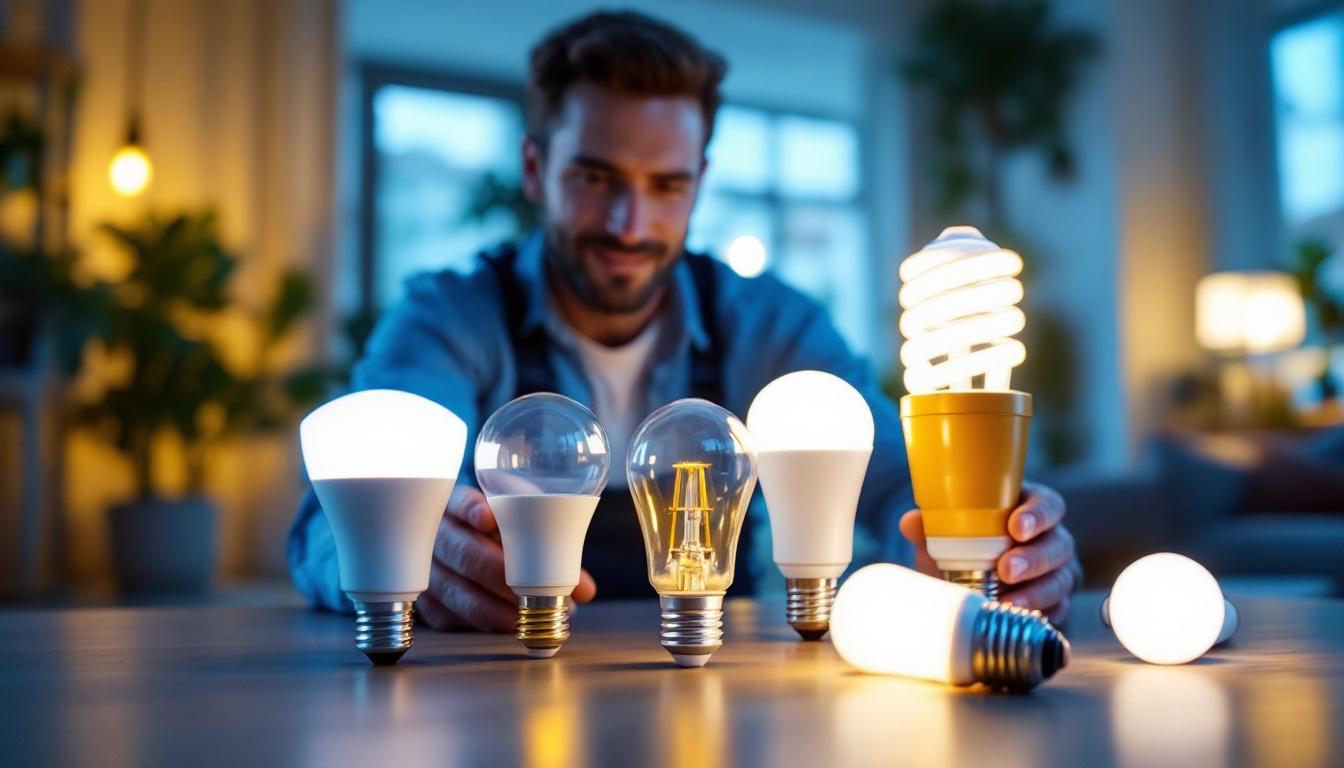 A photograph of a lighting contractor installing or showcasing a variety of led a19 bulbs in a well-lit residential setting