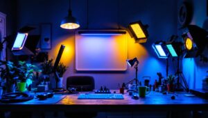 A photograph of a well-lit workspace featuring a variety of uv lights in different styles and applications