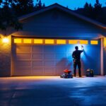A photograph of a well-lit outdoor garage showcasing stylish led lighting fixtures