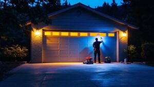A photograph of a well-lit outdoor garage showcasing stylish led lighting fixtures