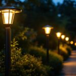 A photograph of a beautifully designed solar power lamp post illuminated at dusk