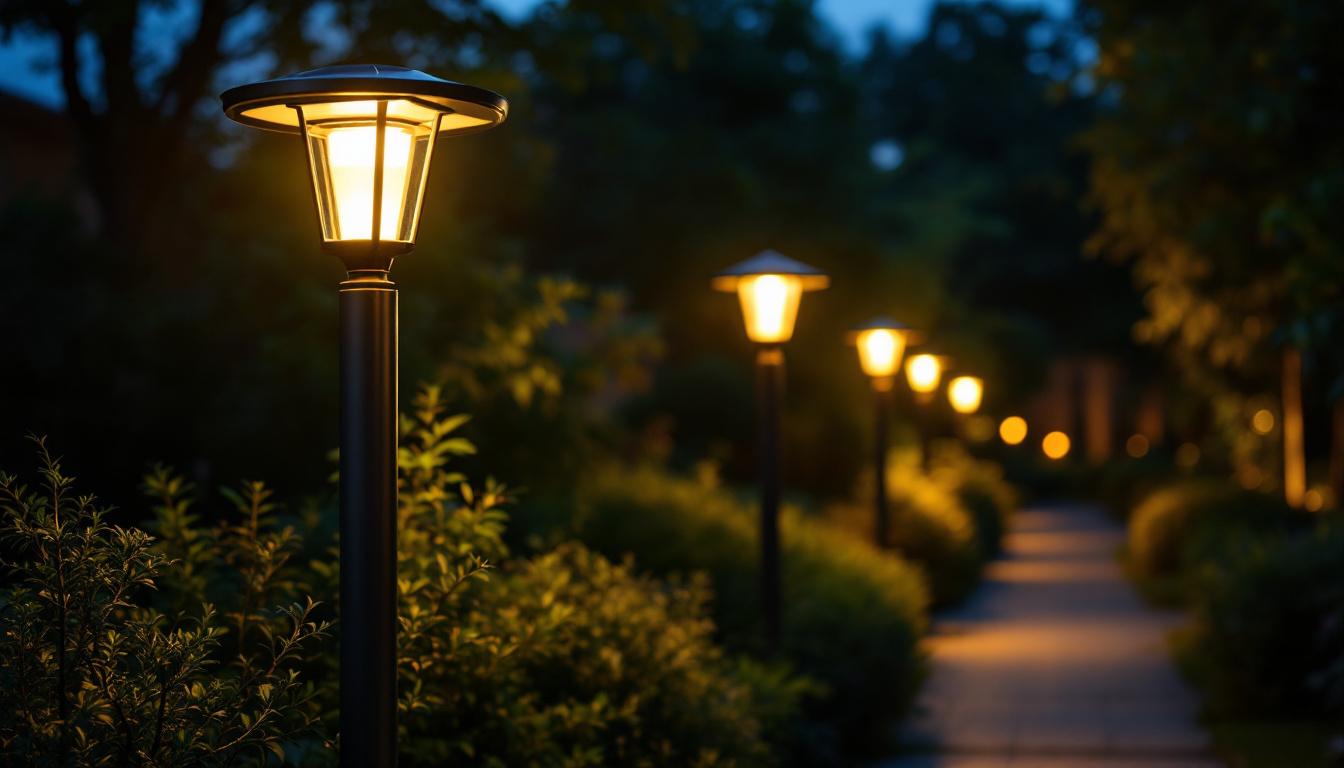 A photograph of a beautifully designed solar power lamp post illuminated at dusk