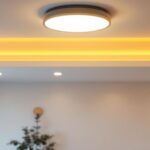 A photograph of a stylish flush mount ceiling light installed in a modern living space