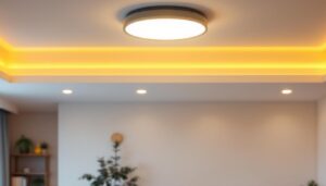 A photograph of a stylish flush mount ceiling light installed in a modern living space