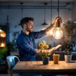 A photograph of a lighting contractor expertly installing retro fit lights in a modern setting