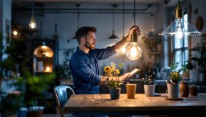 A photograph of a lighting contractor expertly installing retro fit lights in a modern setting
