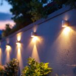 A photograph of a beautifully illuminated outdoor space featuring a variety of stylish solar wall lights in use