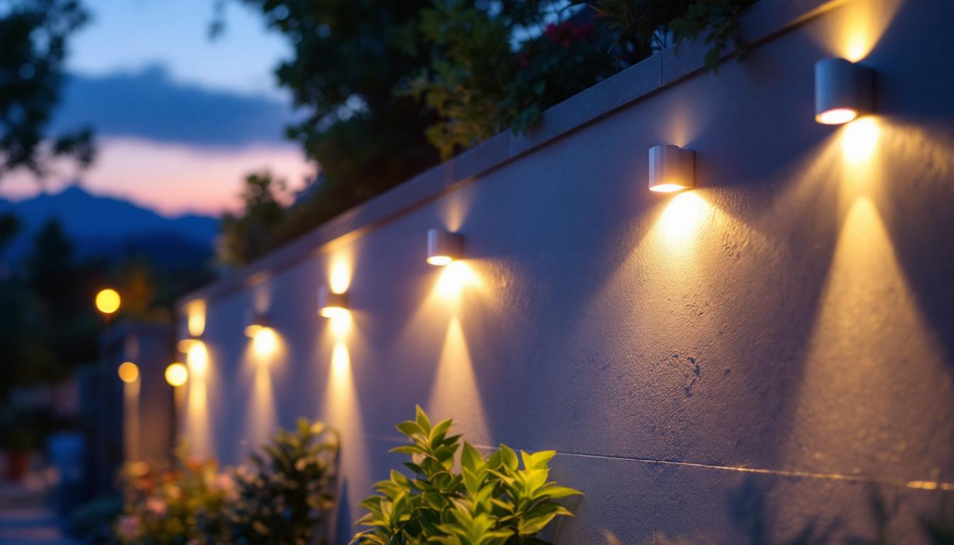 A photograph of a beautifully illuminated outdoor space featuring a variety of stylish solar wall lights in use