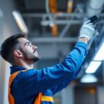 A photograph of a skilled lighting contractor expertly replacing a fluorescent light fixture in a modern workspace