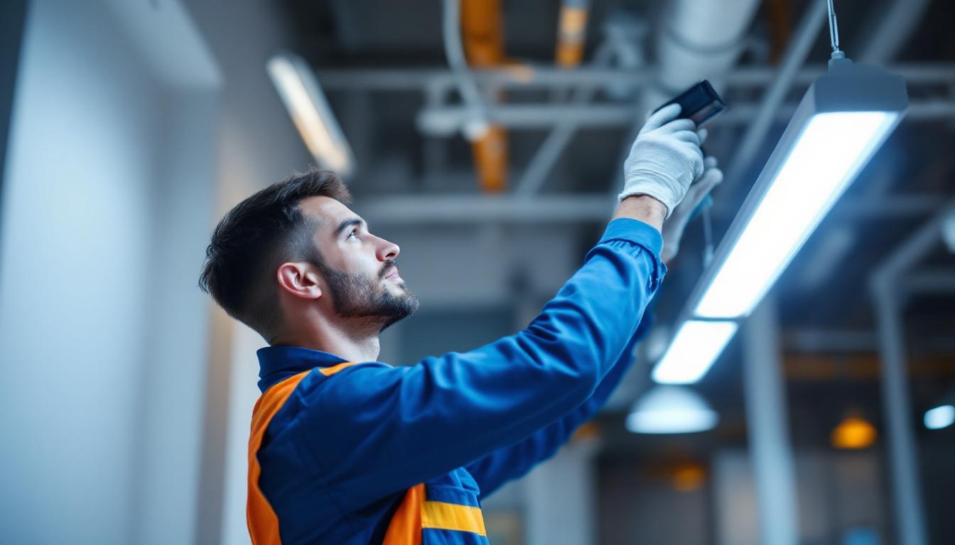 A photograph of a skilled lighting contractor expertly replacing a fluorescent light fixture in a modern workspace