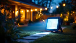 A photograph of a well-lit outdoor space featuring a high-quality led floodlight in action