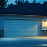 A photograph of a well-lit garage exterior at dusk