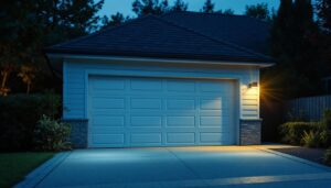 A photograph of a well-lit garage exterior at dusk