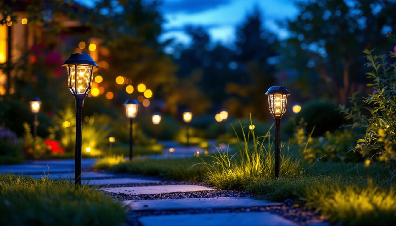 A photograph of a vibrant outdoor scene featuring solar-powered led lights illuminating a garden or pathway at dusk