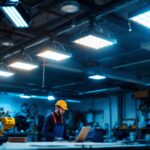 A photograph of a well-lit workshop or garage featuring a row of 2 ft led shop lights installed overhead