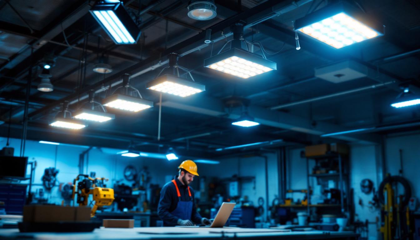 A photograph of a well-lit workshop or garage featuring a row of 2 ft led shop lights installed overhead