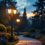 A photograph of a beautifully designed three-light outdoor lamp post illuminating a well-landscaped garden pathway during twilight
