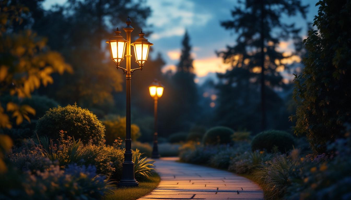 A photograph of a beautifully designed three-light outdoor lamp post illuminating a well-landscaped garden pathway during twilight
