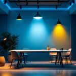A photograph of a well-lit interior space showcasing various lighting installations