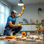 A photograph of a lighting contractor installing recessed light canisters in a modern home setting