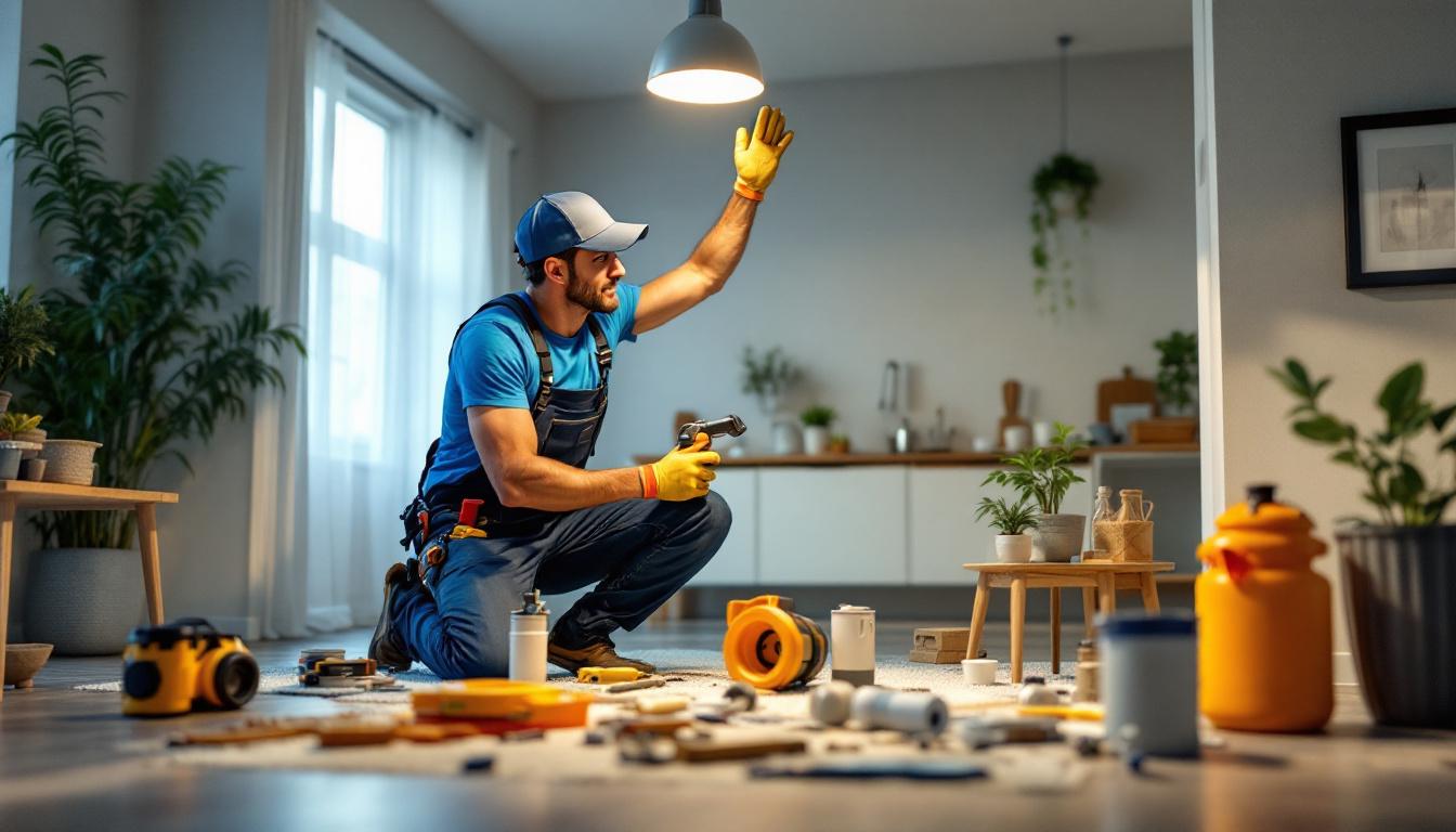 A photograph of a lighting contractor installing recessed light canisters in a modern home setting