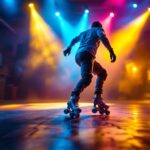 A photograph of a dynamic scene featuring a roller skater illuminated by vibrant led lights