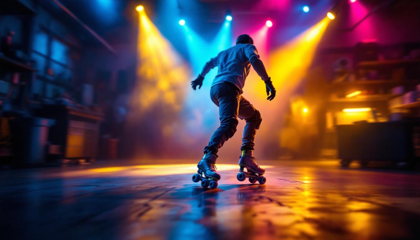 A photograph of a dynamic scene featuring a roller skater illuminated by vibrant led lights