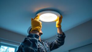 A photograph of a lighting contractor carefully installing a recessed downlight in a ceiling