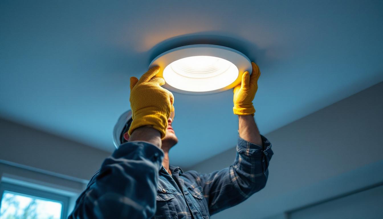 A photograph of a lighting contractor carefully installing a recessed downlight in a ceiling