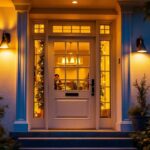 A photograph of a beautifully illuminated front door featuring modern led lights