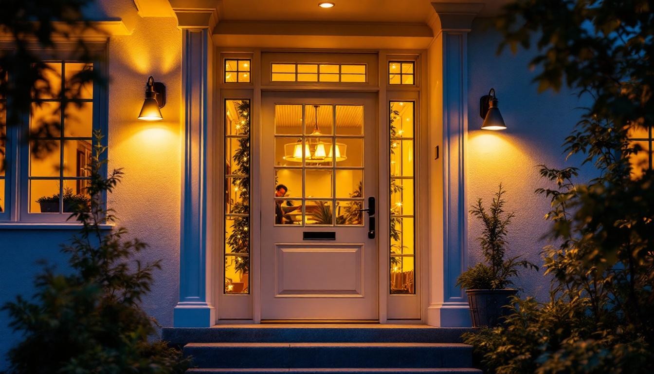 A photograph of a beautifully illuminated front door featuring modern led lights